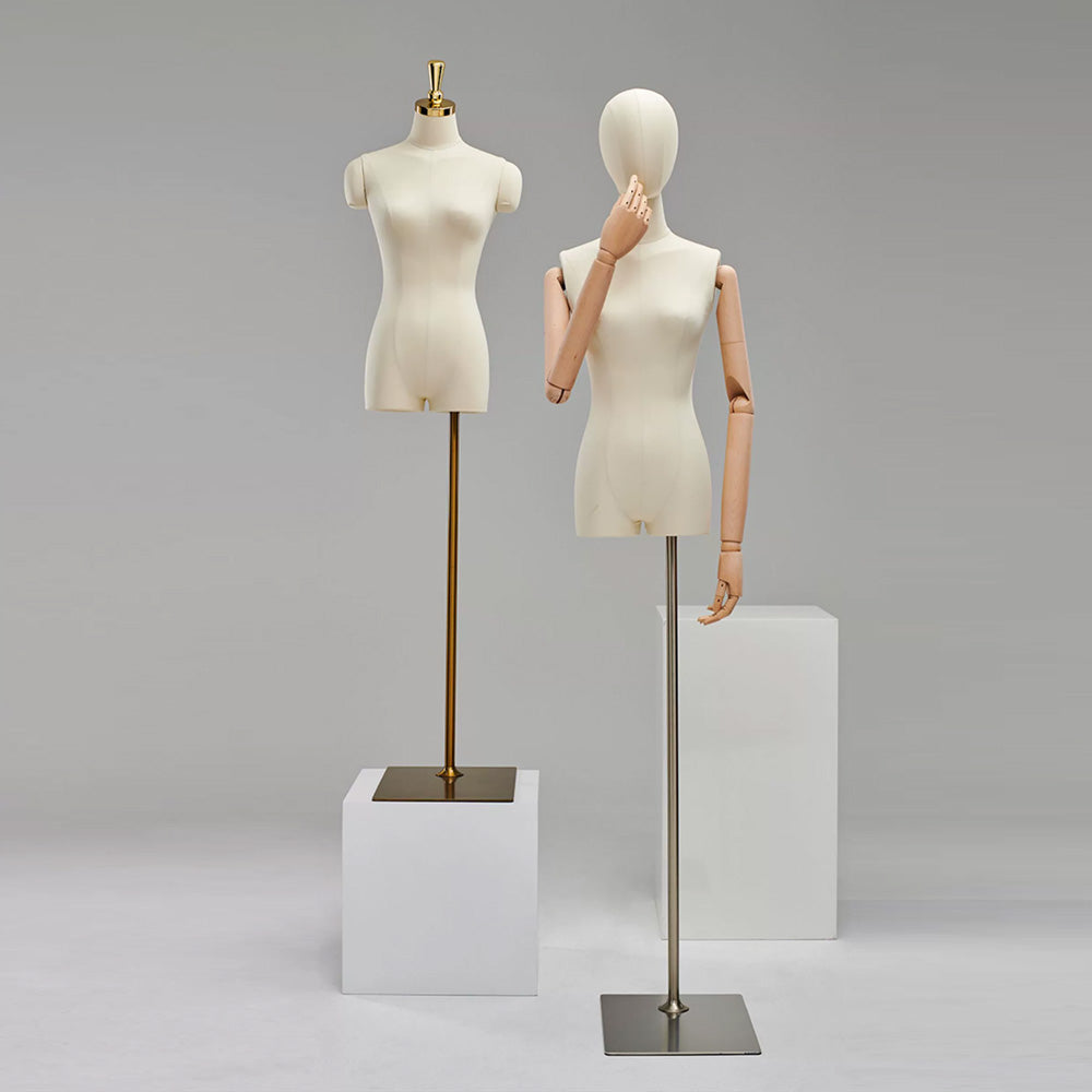 Natural Beige Female Half Body Mannequin With Adjustable Gold Square Base and Wooden Arms,Golden Head Cover Female Mannequin Dress Form DL0071 De-Liang Dress Forms