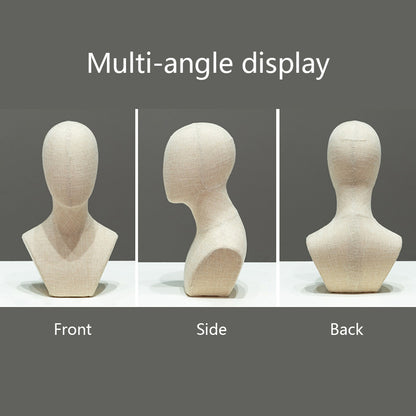DE-LIANG Fully Pinnable Linen Mannequins Head,Bamboo linen Display Manikin Head Stand With Golden Round Base, Detachable Adjustable Heigh Pole