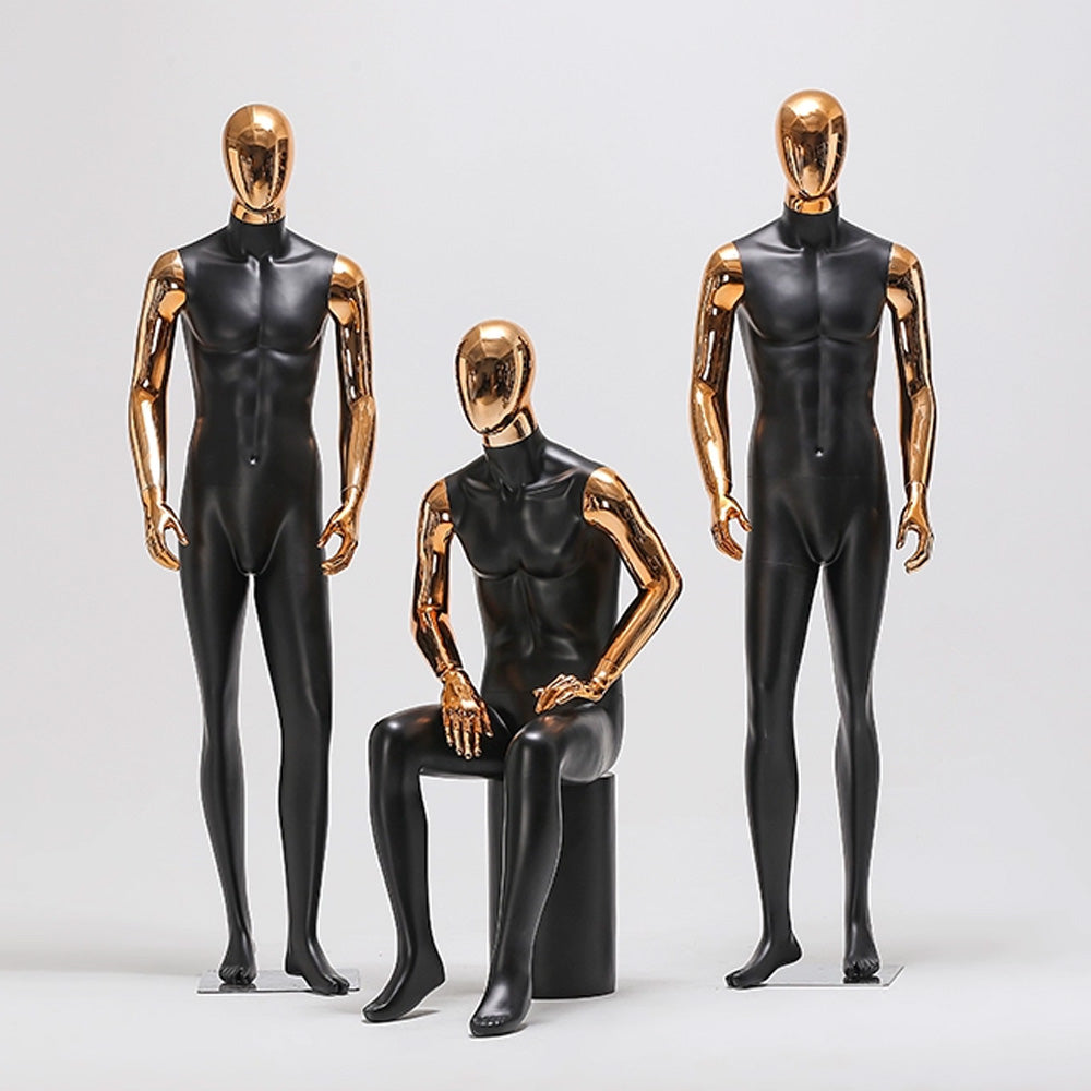 Male Full Body Display Mannequin, Golden Head Model with Mirror Golden Arms, Fiberglass Black Display Men Mannequin for Window Display, 1pcs