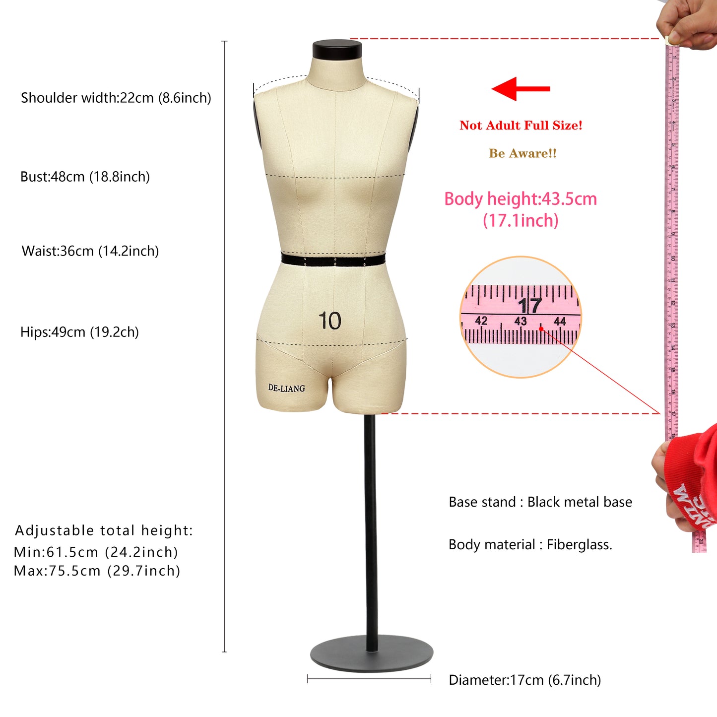 DE-LIANG Half Scale Dress Form with Soft Arms（Size 10）