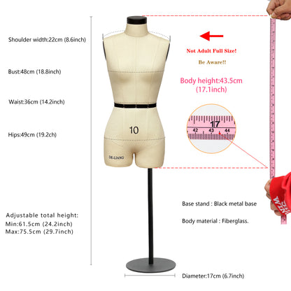DE-LIANG Half Scale Dress Form with Soft Arms（Size 10）
