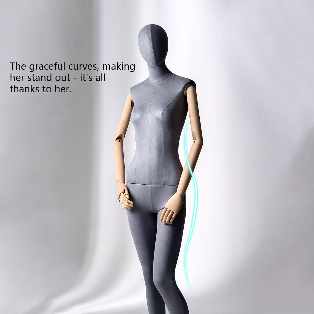 Grey Suede Female Full Body Mannequin with Wooden Arms