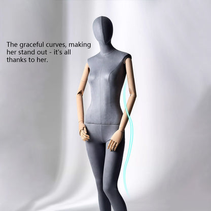 Grey Suede Female Full Body Mannequin with Wooden Arms