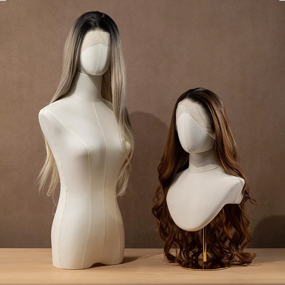 DE-LIANG Linen Mannequin Head Stand for Wigs Hats Scarves Display with Adjustable Base