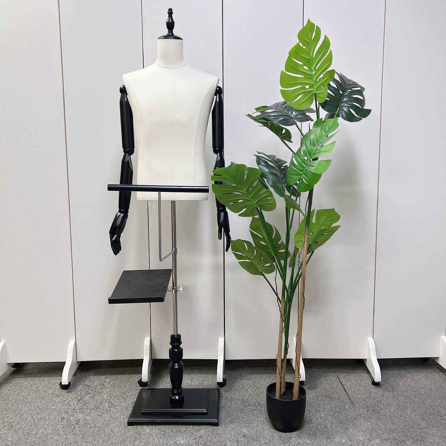 Male half body adjustable height fabric mannequin, window display rack adult men torso, dress form for clothes display with Shoes Rackd DLMH340-LINEN-BEIGE