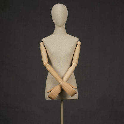 DE-LIANG Female Half Body Mannequin,Linen Fabric Adult Mannequins Torso with Wood Arms