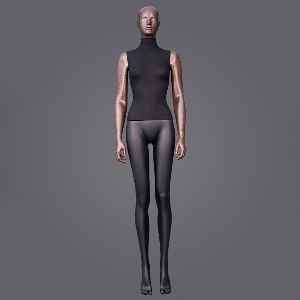 DE-LIANG Female Full Body Mannequin with Rose Gold Arms,Abstract Head Fiberglass Display Model,Black Fashion Boutique Window Display Mannequin for Clothing Stores