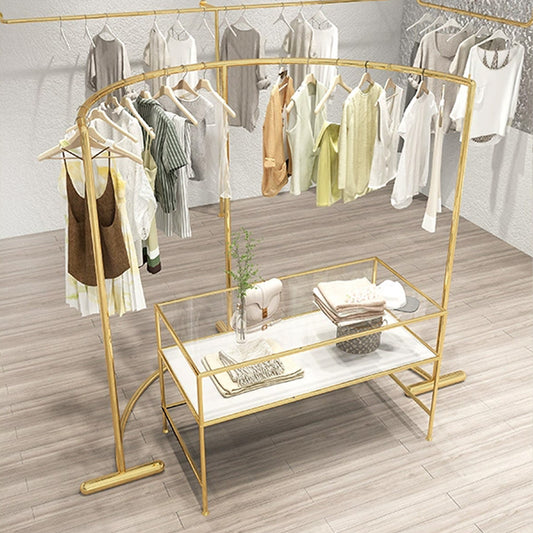Arc Clothing display stand, Titanium Gold Stainless Steel Floor Apparel Clothes Hanger,Island Table Display Shelves , Glass Desk Displ Stand - De-Liang Dress Forms