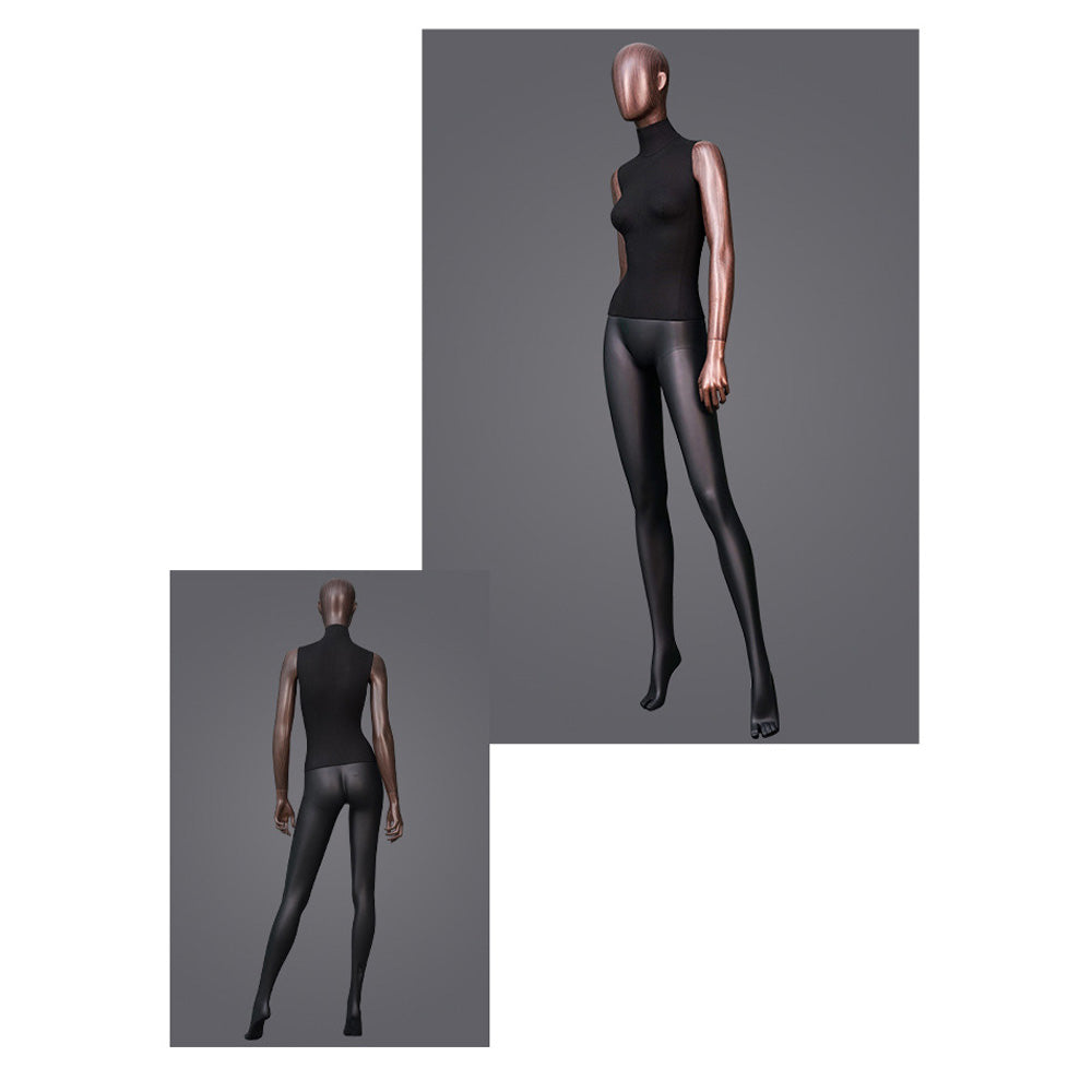 DE-LIANG Female Full Body Mannequin with Rose Gold Arms,Abstract Head Fiberglass Display Model,Black Fashion Boutique Window Display Mannequin for Clothing Stores