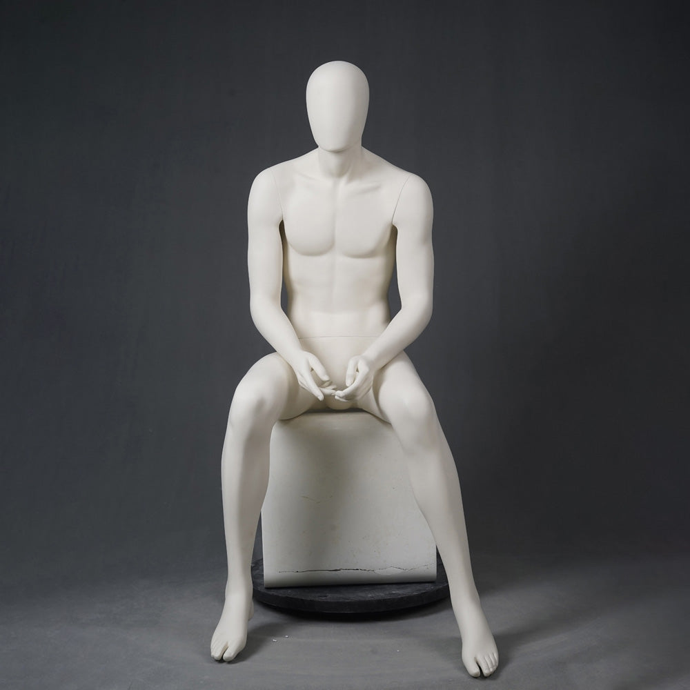 DE-LIANG Male Full Body Mannequins Set | White Fiberglass Dress Form Display with Adjustable Wooden Arms | Standing & Sitting Male Mannequin for Clothing Store Window Display