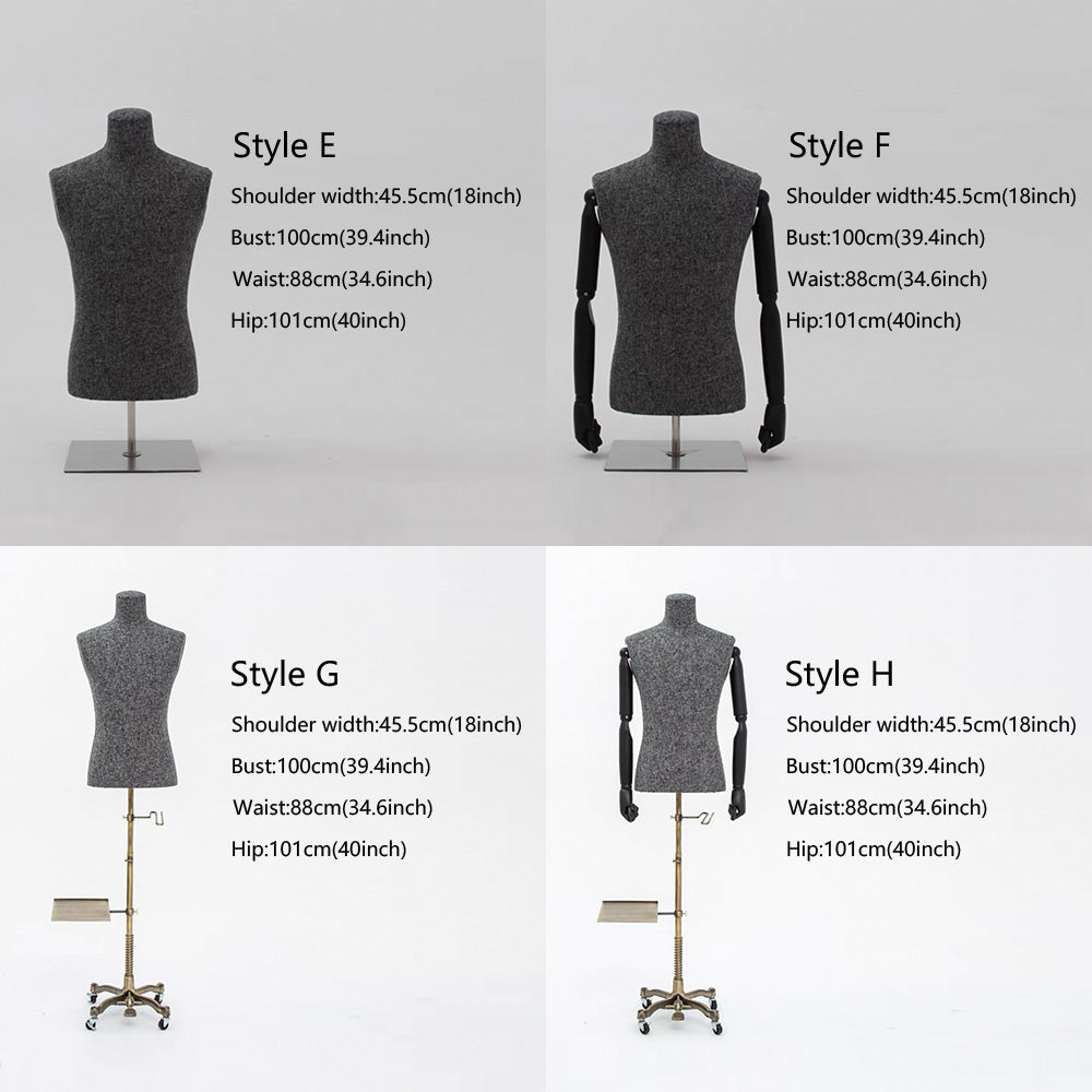 DE-LIANG Female/Male Headless Mannequins Torso With Removeable Wooden Arms,Linen Fabric Fiberglass Mannequins,Gray Dress Form Fabric Suit Pants Rack Display,Half Body Torso With Silver Cross Base