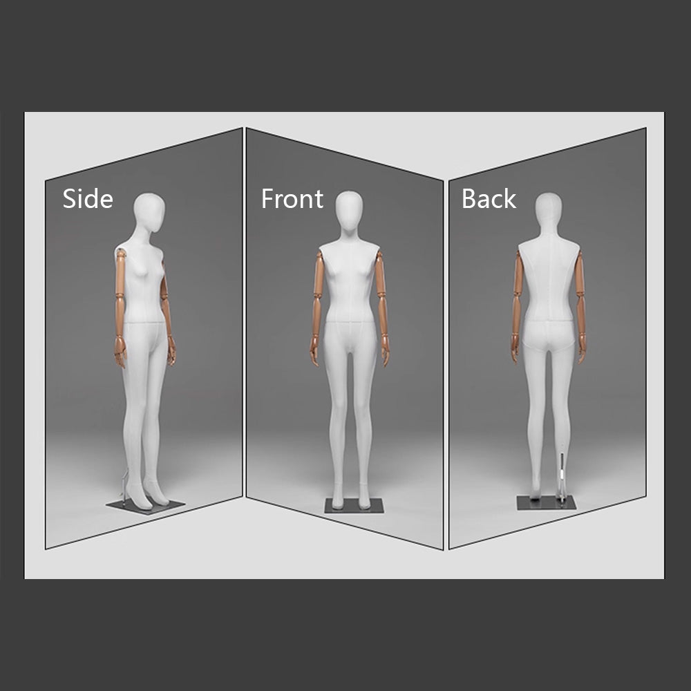 DE-LIANG Female Full / Half Body Mannequin with Adjustable Wooden Arms,Dress Form Display Torso with Metal Stand,Linen & White Finish Display Mannequins for Clothing Store