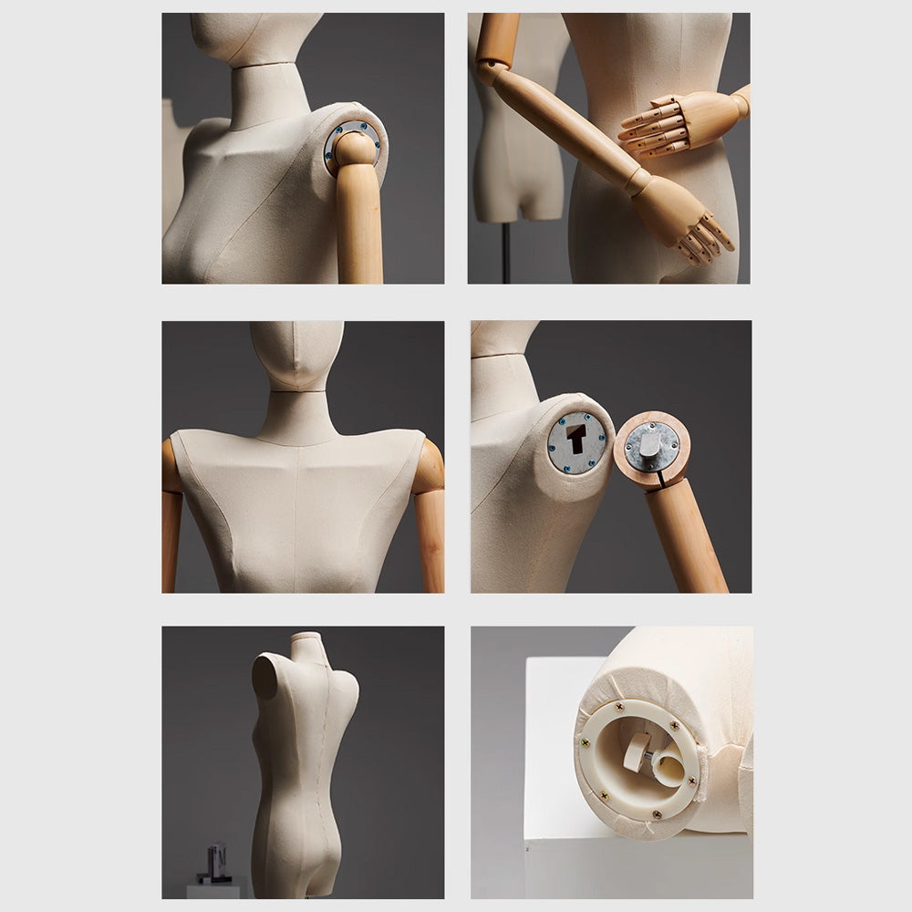DE-LIANG Female Half Body Mannequin Torso with Wooden Arms & Metal Base