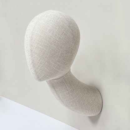 DE-LIANG Long Neck Wall Mount Mannequin Head in Bamboo Linen Fabric, Beige Foam Display Head with Hinge and Screws for Hats Wigs Scarves Jewelry