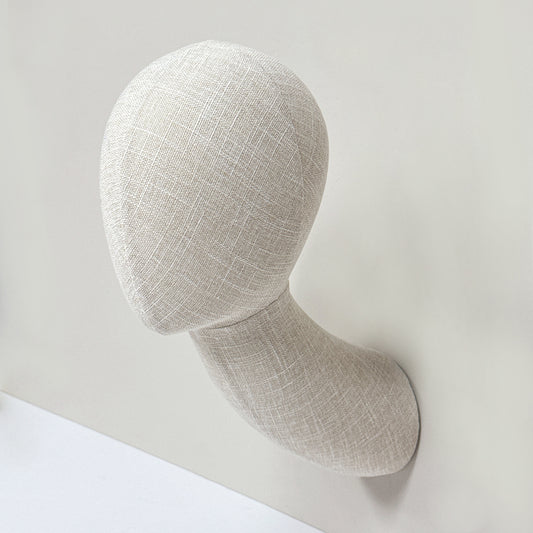 DE-LIANG Long Neck Wall Mount Mannequin Head in Bamboo Linen Fabric, Beige Foam Display Head with Hinge and Screws for Hats Wigs Scarves Jewelry