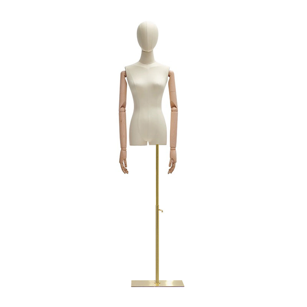 Natural Beige Female Half Body Mannequin With Adjustable Gold Square Base and Wooden Arms,Golden Head Cover Female Mannequin Dress Form DL0071 De-Liang Dress Forms
