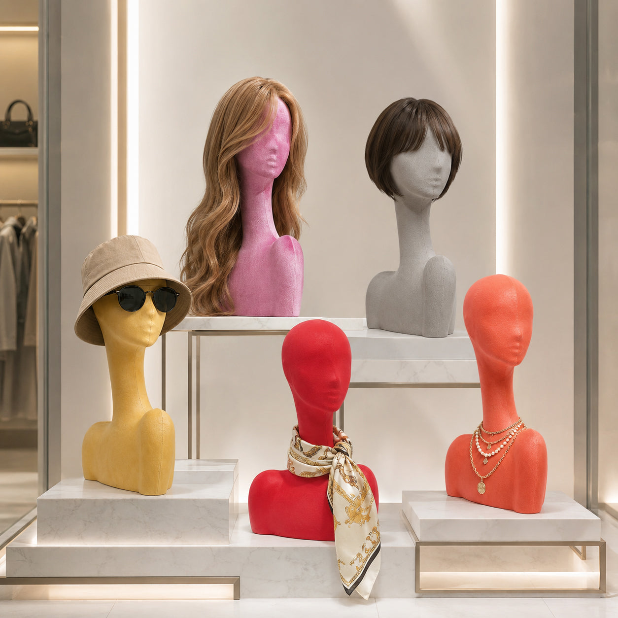 DE-LIANG Swan Neck Velvet Mannequin Head, Fiberglass Wig & Jewelry Display