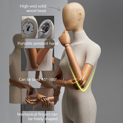 Luxury Female Male Dress Form, Linen Display Mannequin with Wooden Head Model for Fashion Cloth Dressmaker Dummy. Square Silver Base DE-LIANG