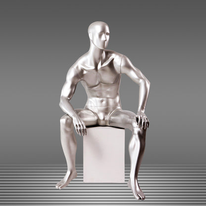 DE-LIANG Male Full Body Mannequins Set | Silver Fiberglass Dress Form Display with  Arms | Standing & Sitting Male Mannequin for Clothing Store Window Display