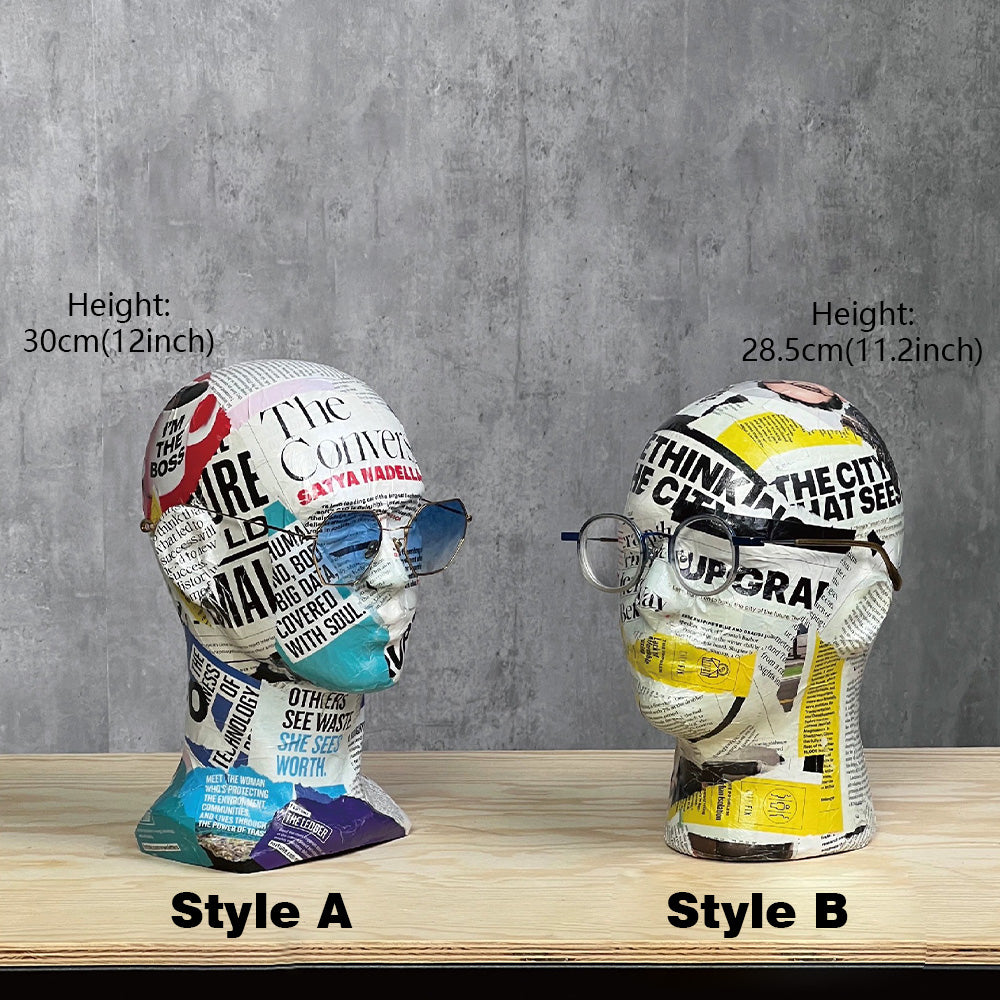 DE-LIANG Creative Newspaper Mannequin Head,PVC Hat Holder Prop,Dress Form Decorative Stand Display,Wig,Dummy