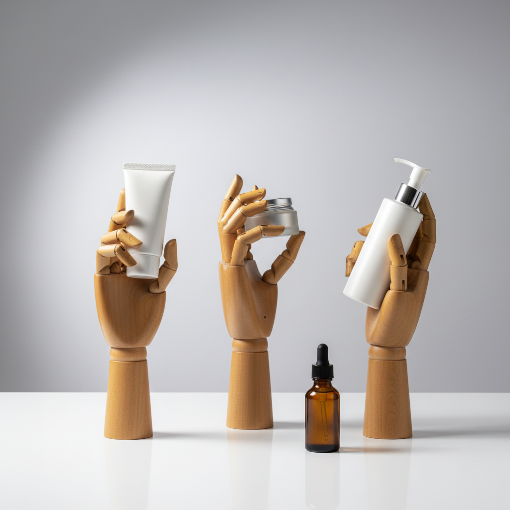 Skincare Product Scene with Wooden Hand Model