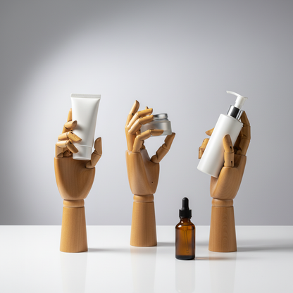 Skincare Product Scene with Wooden Hand Model