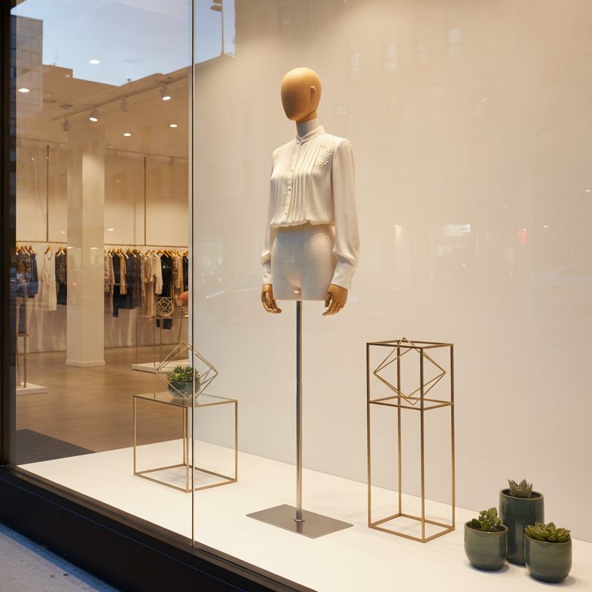 Luxury half body mannequin with a wooden grain head and ivory linen fabric-covered torso, displayed in a boutique window for elegant fashion merchandising.