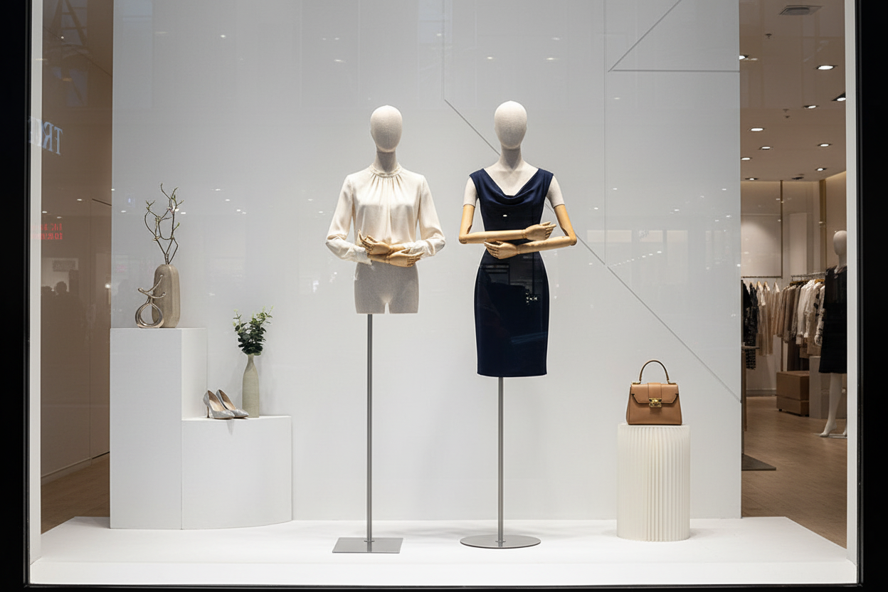 半身竹节麻模特橱窗展示场景图