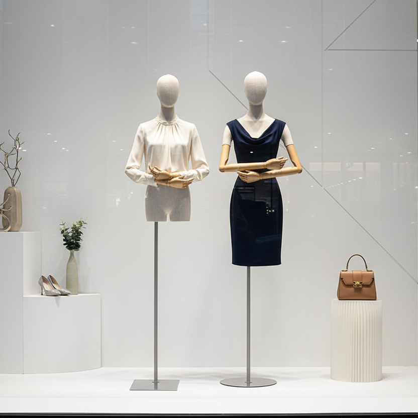 Display image of a half-body mannequin in bamboo-textured linen for a shop window.