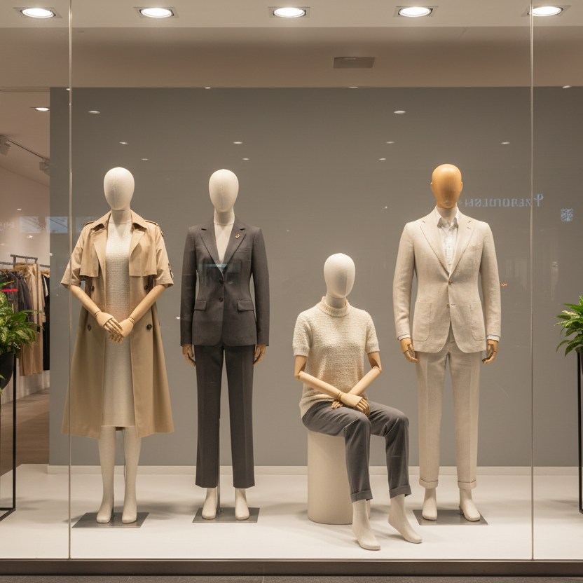 Luxury fashion boutique window display featuring four full-body mannequins in elegant neutral outfits, including women's and men's tailored fashion.