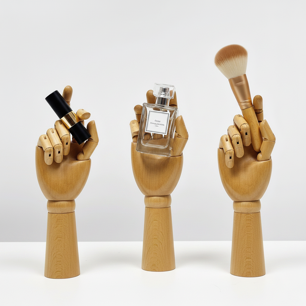 Wooden hand models holding cosmetics.