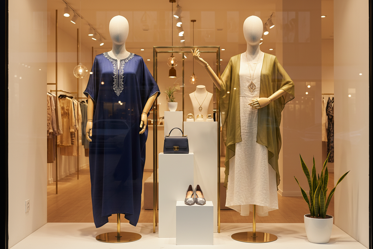 加大码竹节麻模特橱窗展示场景图