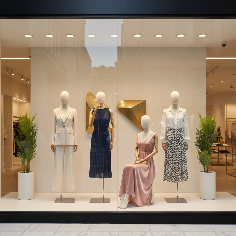 Luxury boutique window display featuring four ivory linen fabric-covered mannequins showcasing elegant women's fashion, including dresses and tailored outfits.