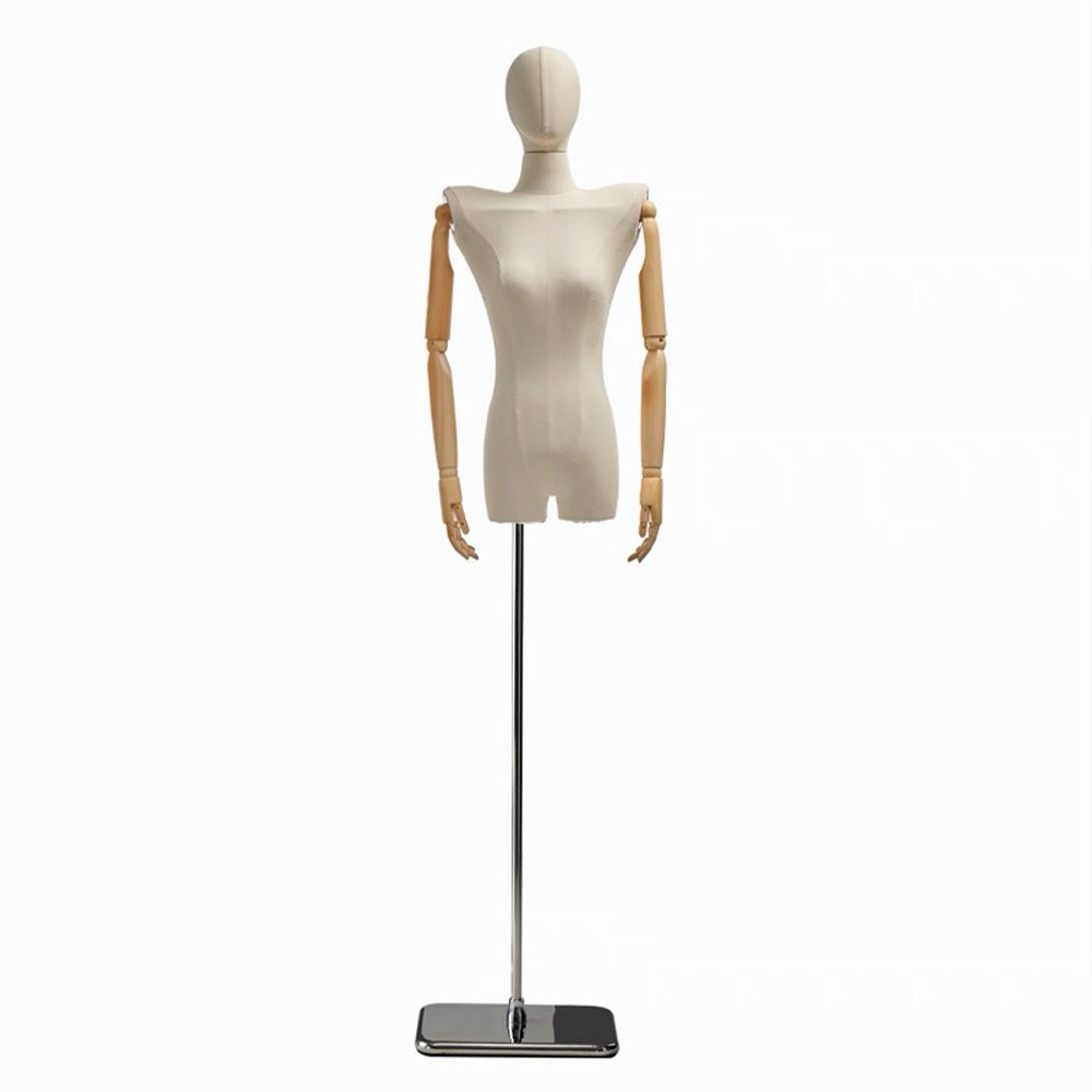 DE-LIANG Female Half Body Mannequin Torso with Wooden Arms & Metal Base