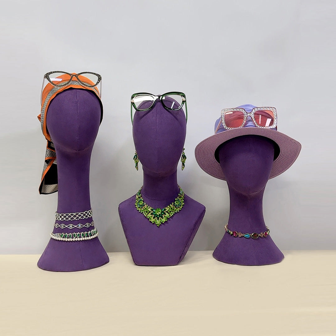 Tête de mannequin en velours suédé de luxe, support de mannequin féminin violet/vert à vendre, présentoir de chapeaux et de bijoux, parfait pour les propriétaires de boutiques