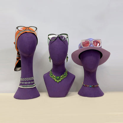 Cabeza de maniquí de terciopelo de ante de lujo, soporte de maniquí femenino morado/verde sujetable con alfileres, a la venta, para exhibición de sombreros y joyas, ideal para propietarios de boutiques.