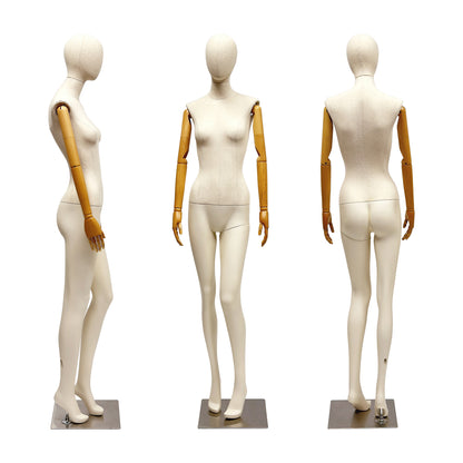 Maniquí femenino de cuerpo entero de lujo, parte superior del cuerpo envuelta en tela de lino, parte inferior de la pierna de fibra de vidrio pintada a mano, modelo de vestido beige, 1 pieza