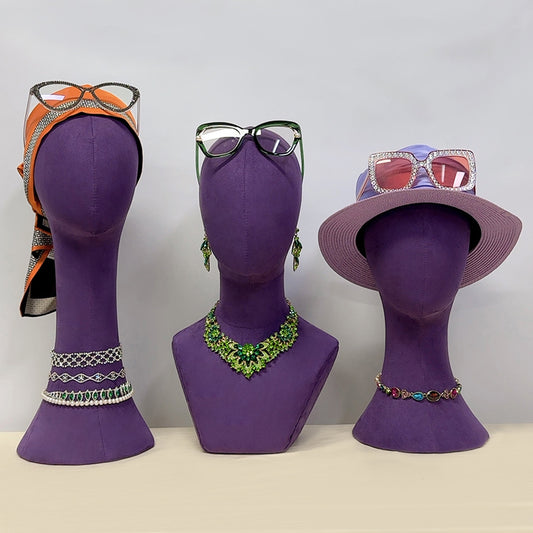 Suede Mannequin Head in Purple/Green – Pinnable Female Model for Hat and Jewelry Display, Unique Hat Stand, Perfect for Boutique Owners