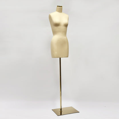 DE-LIANG Female Headless Dress Form, Fiberglass Cotton Linen Fabric Full Body Sewing Mannequin Tailor Dress Form, Adult Mannequin Torso With Golden Square Metal Base, No Logo