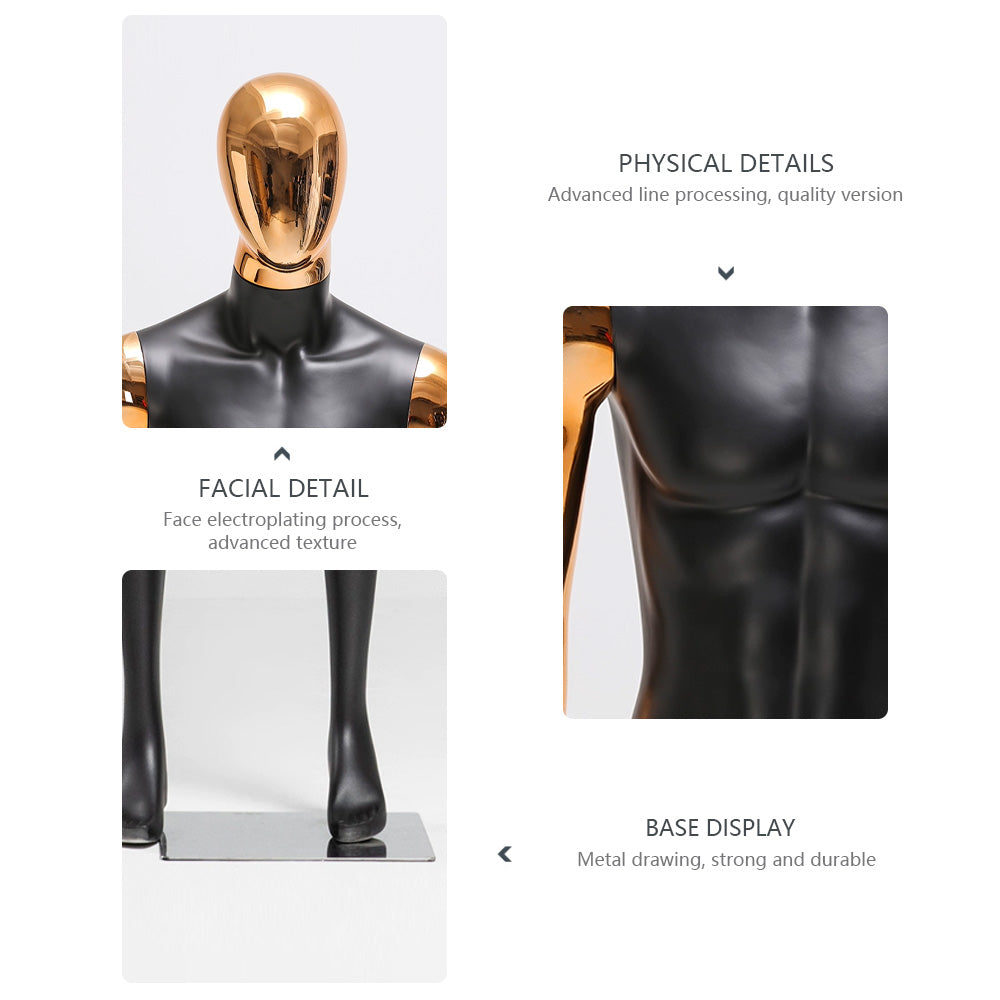 Male Full Body Display Mannequin, Golden Head Model with Mirror Golden Arms, Fiberglass Black Display Men Mannequin for Window Display, 1pcs