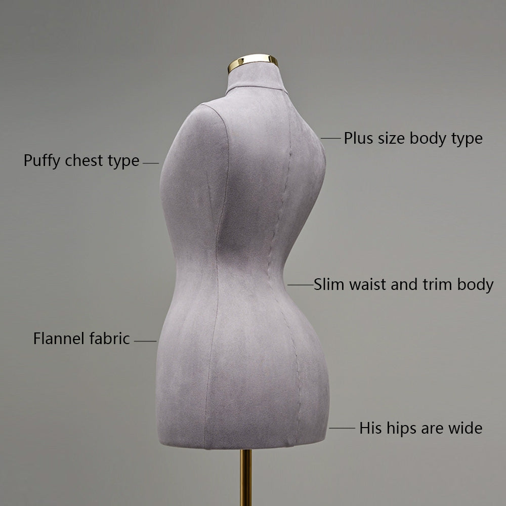 DE-LIANG Curvy Style Female Half Body Suede Velvet Display Mannequin,Slim Waist Dressform,Big Hip Wide Shoulder Model,Can Fully Pinnable DE-LIANG