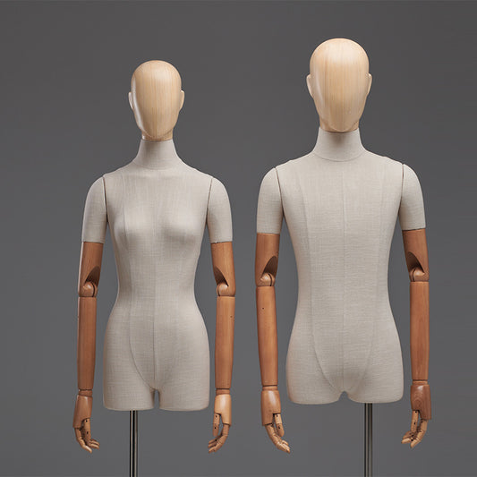 Luxury Female Male Dress Form, Linen Display Mannequin with Wooden Head Model for Fashion Cloth Dressmaker Dummy. Square Silver Base DE-LIANG