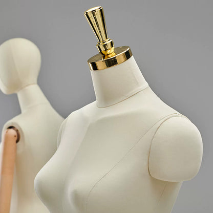 Natural Beige Female Half Body Mannequin With Adjustable Gold Square Base and Wooden Arms,Golden Head Cover Female Mannequin Dress Form DL0071 De-Liang Dress Forms