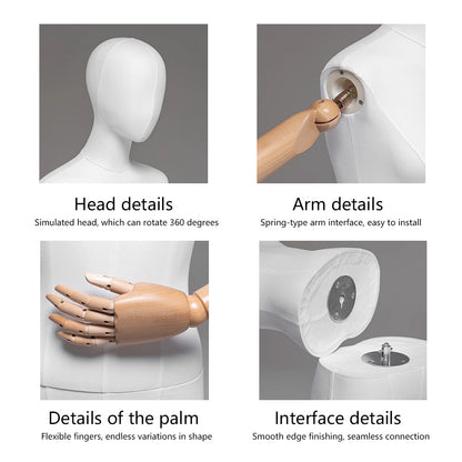 DE-LIANG Female Full / Half Body Mannequin with Adjustable Wooden Arms,Dress Form Display Torso with Metal Stand,Linen & White Finish Display Mannequins for Clothing Store