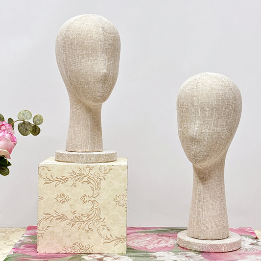 DE-LIANG Maniquí femenino de lino y bambú, cabeza sujetable con alfileres, cuello y hombros largos, para exhibir sombreros, pelucas y bufandas.