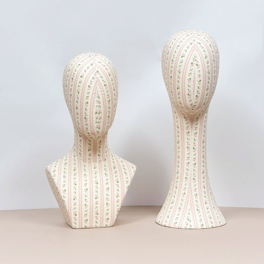 DE-LIANG Fully Pinnable Linen Mannequin Head – Vintage Floral Display Stand for Wigs/Hats/Headbands & Jewelry