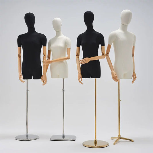 DE-LIANG Male & Female Half Body Mannequin Dress Form – Realistic Torso Display with Wooden Arms