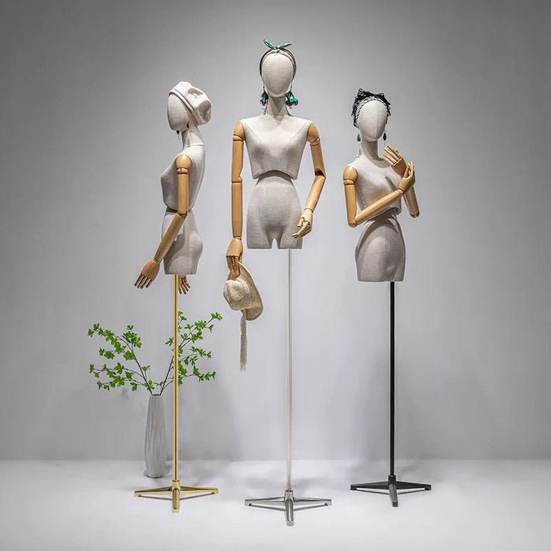 DELIANG Female Mannequin Torso with Thighs – Bamboo Linen Finish & Wooden Arms – Artistic Display Form