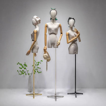 DELIANG Female Mannequin Torso with Thighs – Bamboo Linen Finish & Wooden Arms – Artistic Display Form