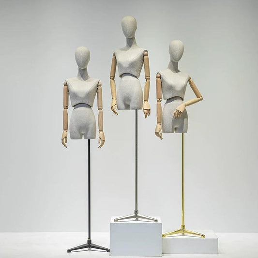 DELIANG Female Mannequin Torso with Thighs – Bamboo Linen Finish & Wooden Arms – Artistic Display Form